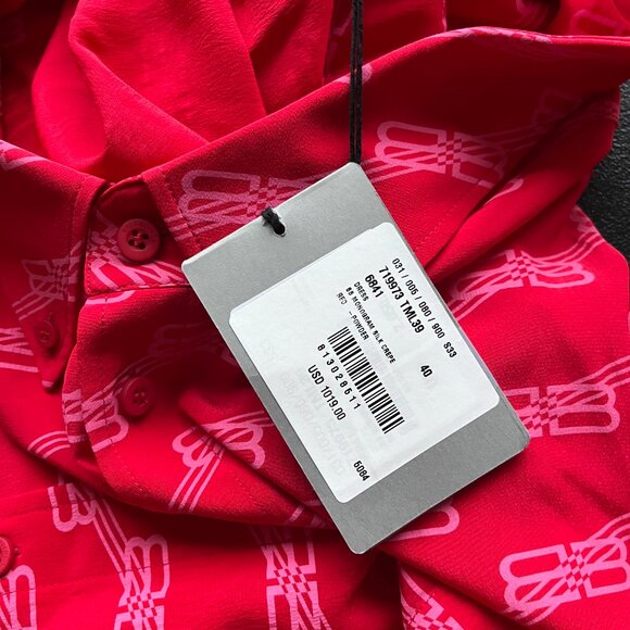 NWT Balenciaga BB Monogram Midi Dress Red Silk Crepe Raw Hem Allover Print Sz 40 - Picture 3 of 12